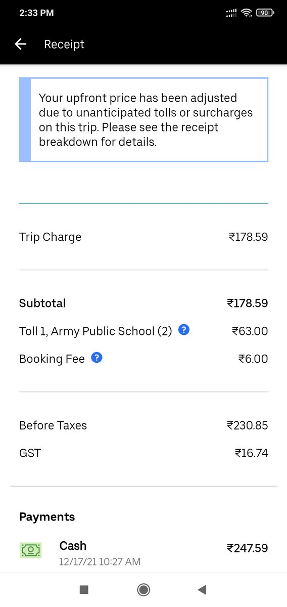 nikitabhalara's tweet photo. Hi @Uber_Support @Uber_India i was charged 63 Rs extra for toll even though there is no toll paid by driver during trip, neither there is toll plaza in trip, i tried to write uber support multiple time no replied yet https://t.co/7Ugm1aF9i8
