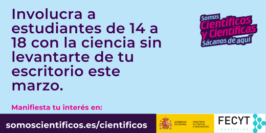 FECYT_Ciencia's tweet photo. Si trabajas en #ciencia y quieres ayudar a que miles de adolescentes sientan que la ciencia es parte de su vida mientras divulgas tu investigación, ¡no puedes dejar pasar #SomosCientíficxs! Info e inscripción: https://t.co/ldl8zcMliB https://t.co/jFKf6loXXn