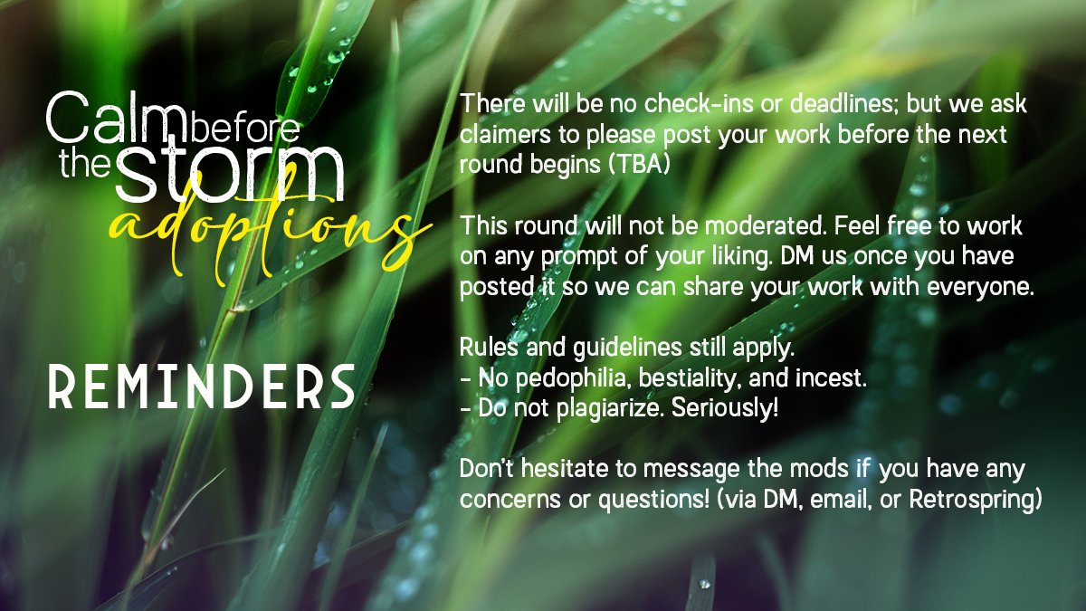 1221ficfest's tweet photo. ✨ADOPTION ROUND✨

While the mods plan for the next round, the archive is now open for authors and artists to adopt prompts.

The archive could be found here: https://t.co/vMKfyuDsFo

Please see the reminders in the image below.

Have fun!! 🍃⚡️🔱 https://t.co/mycYGuLDPu