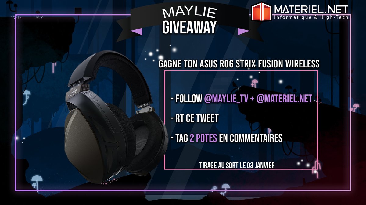 Maylie_tv's tweet photo. 🎁GIVEAWAY 🎁
Enorme cadeau de la part de @materielnet avec ce casque ASUS ROG STRIX FUSION WIRELESS d'une valeur de 170euros en cette fin d'année!
Pour participer : 
- Follow @Maylie_tv &amp; @materielnet 
- RT ce tweet
- Tag 2 potes en commentaires

TAS le 03/01
Bonne chance à tous https://t.co/ojI4qF48jr