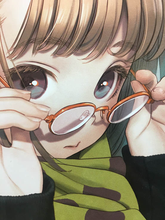 1girl solo glasses looking at viewer scarf holding bangs  illustration images