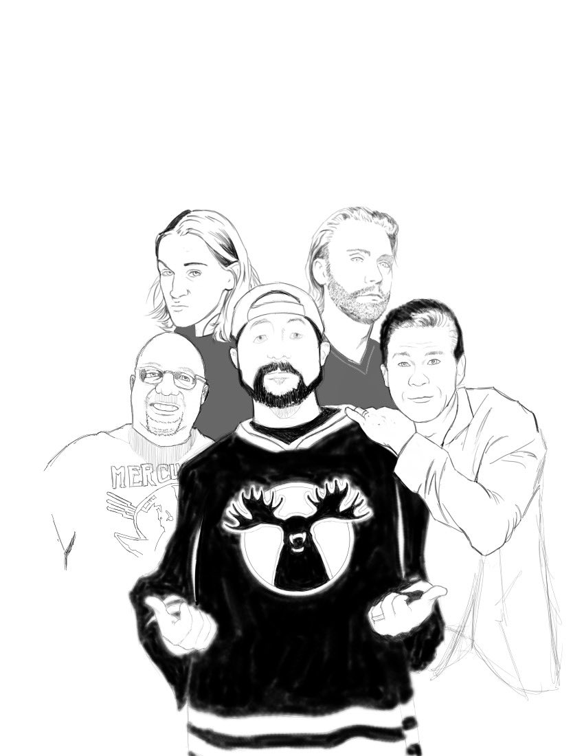 DavidVanDyke's tweet image. Got a little time to jump back on this.  Process shots will be on Instagram.com/DavidVanDykeArt  later.🤞So here’s @thatkevinsmith @ralphgarman @marcbernardin and now with his bro ScottyMo and @JayMewes watching his back. Please like &amp;amp; retweet. #smodcast #garmy #kevinsmith #smodco #pod