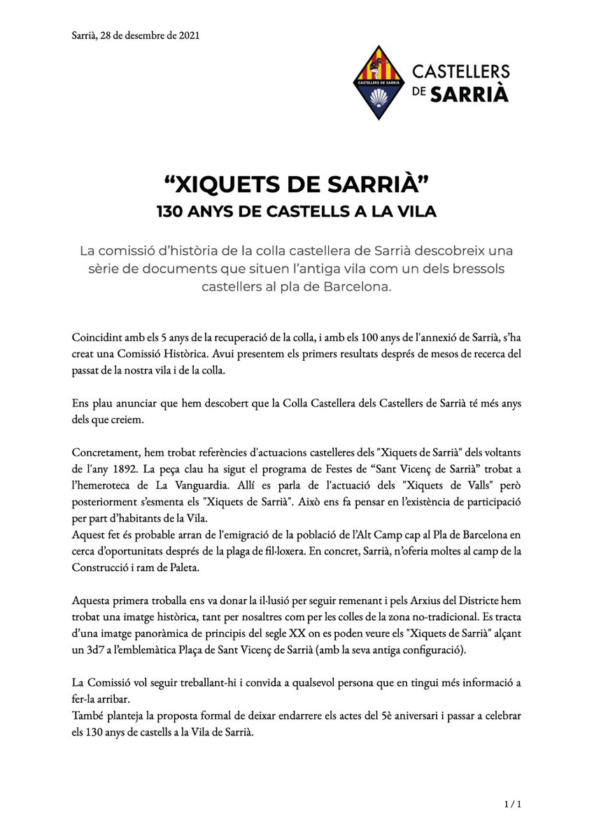 💥NOVETATS💥
Coincidint amb els 5 anys de la recuperació de la colla, i amb els 100 anys de l'annexió de Sarrià, hem creat una Comissió Històrica. Ens plau anunciar que hem descobert que la Colla Castellera dels Castellers de Sarrià té més anys dels que creiem.😍 Fil (1/7)