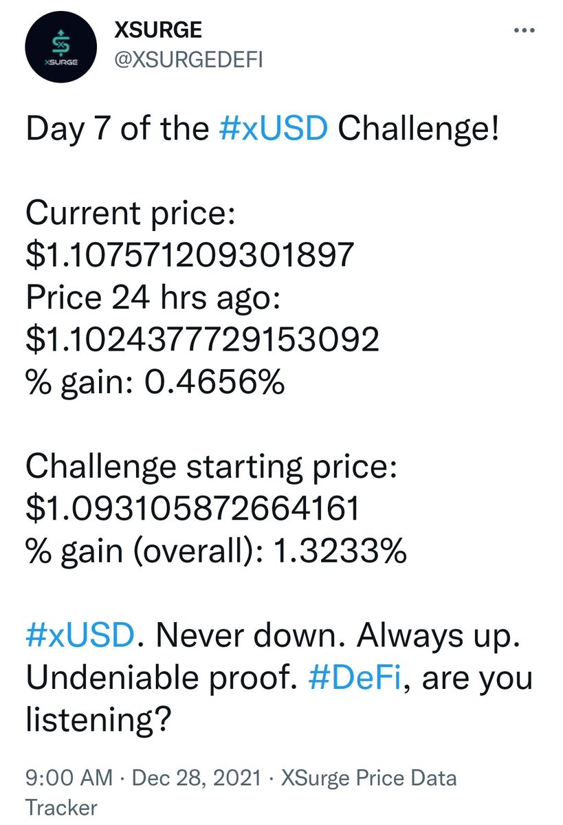 Follow! Like! Retweet! Win $100! Winner picked 12/29!

We are PROVING to the WORLD that #xUSD only goes UP!

If you owned #xUSD, you would have earned a whole year's worth of bank interest in JUST ONE DAY!

#xUSD.  Wealth for ALL.