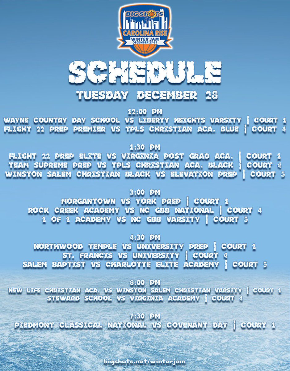 ☄️BIG SHOTS RISE WINTER JAM☄️
Day 2 - Dec. 28 Schedule at <a href="/RiseIndoorSport/">Rise Indoor Sports</a> in Advance, NC 

▶️bigshots.net/winterjam
📺<a href="/BallerTV/">BallerTV</a>