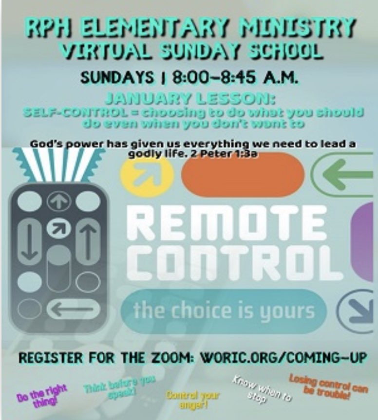 WORIChurch's tweet photo. RPH Elementary Ministry presents Virtual Sunday School with a new lesson series for the month of January entitled, “Remote Control: The Choice is Yours”. Register your children in K-5th grade for this Sunday (1/2) at 8am CST: https://t.co/DY4FvJmFbs
Visitors are welcome.  #WORIC https://t.co/MXUionJunv