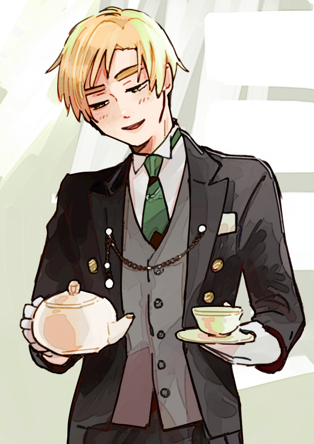 1boy male focus blonde hair teapot necktie cup teacup  illustration images