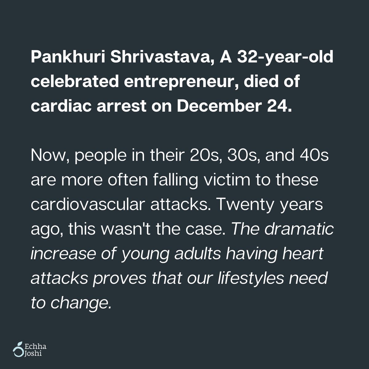 JoshiEchha's tweet photo. Heart attacks r becoming increasingly common &amp; we're aware of that. Then why do we fail to acknowledge the importance of good health? We need to set good habits. We need tobe aggressive with lifestyle modification, or d heart attack rate in young people is going to keep climbing. https://t.co/LTWQbxYrfm