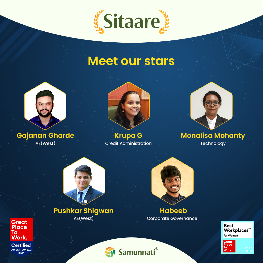 samunnati's tweet photo. Meet our Stars! It gives us immense pleasure to introduce the #SitaareofSamunnati. You inspire us through your commitment to results. May you achieve more success in the near future. Congratulations! 

#Samunnati #lifeatsamunnati #employeerecognition #shrishti2021 #gptwIndia https://t.co/7QWzd94ePK