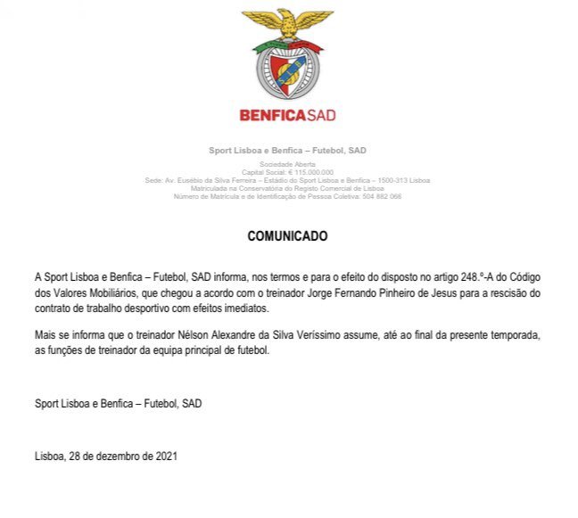coluna1908's tweet photo. 🇵🇹 Jorge Jesus não é mais o treinador do Benfica. Segundo o GloboEsporte, caso acontecesse o fim da era Jorge Jesus no clube português, o treinador seria a prioridade dos 4 R's para substituir Cuca.

#Coluna1908 https://t.co/aPa0BuPjrt