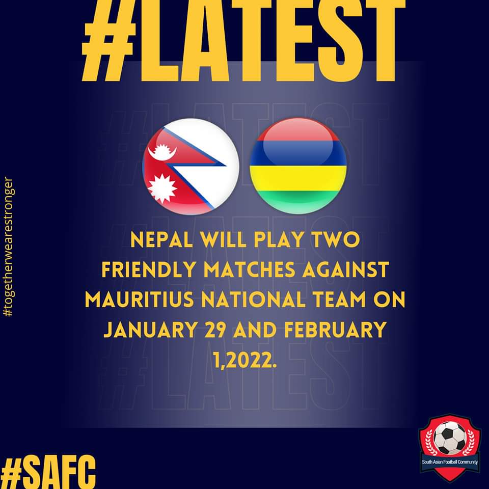 Nepal🇳🇵 Men's football team will play two friendlies  against Mauritius🇲🇺national team on January 29 and February 1 next year.

The match will be played at Dasharath Stadium.Both friendlies fall under the FIFA international match calendar dates.
©ANFA
#SAFC
#southasianfootball