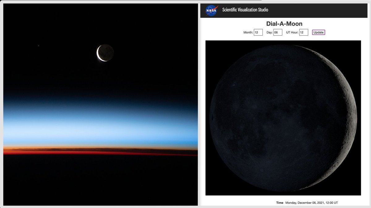 NASAMoon's tweet photo. A lunar observing puzzle: The photo on the left was taken on Dec. 6 from the @Space_Station as it flew over the Pacific Ocean east of New Zealand. The image on the right is a NASA data viz of the Dec. 6 Moon phase (https://t.co/ZjIk2r6SYC) 

What's going on here? https://t.co/WqPMhQVoX7