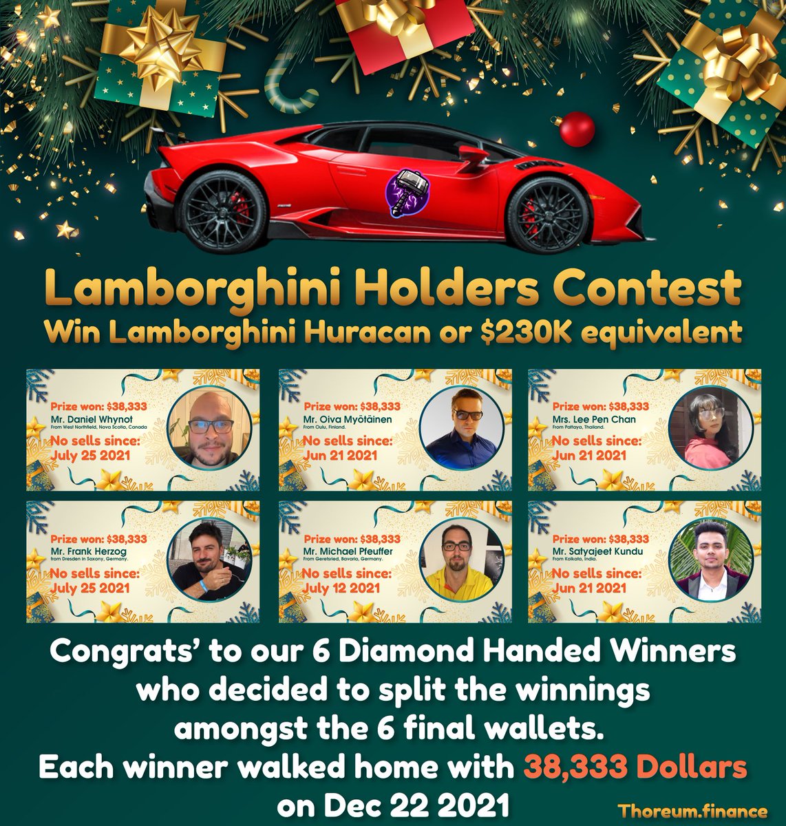 🎁LAMBO HOLDERS CONTEST: WINNERS PRIZE DELIVERED ON DEC 22 2021🏎 🎉Congrats to all 6 Diamond Handed! Each winner walked home with 38,333 Dollars ($230,000/6) For those that missed the livestream check it out here 👉 youtube.com/watch?v=ZBe9Ar… Details: t.me/ThoreumOfficia…