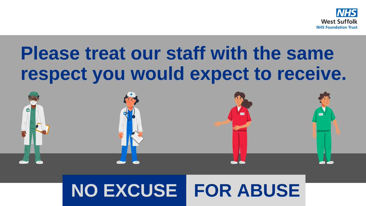 WestSuffolkNHS's tweet photo. Please treat our staff with the same respect you would expect to receive 💙

Our staff should be able to come to work without fear of violence, abuse, harassment or discrimination from patients or relatives. 

Let’s work together to ensure abuse and aggression is #NotInADaysWork https://t.co/hScSTXDtaa