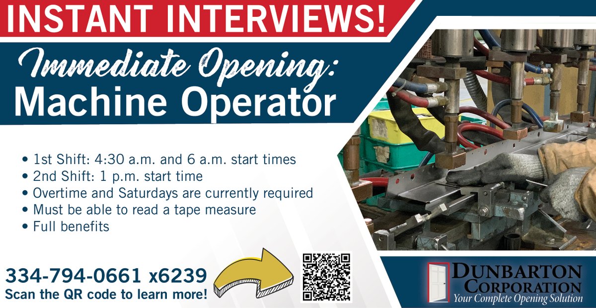 DunbartonCorp's tweet photo. Dunbarton is #hiring machine operators! Call us today at 334-794-0661 x6239 for an interview or click the QR code for more information! Call us today and you could be on the job tomorrow! #dunbarton #dothanhiring #rediframe https://t.co/iSjdWG9DJQ