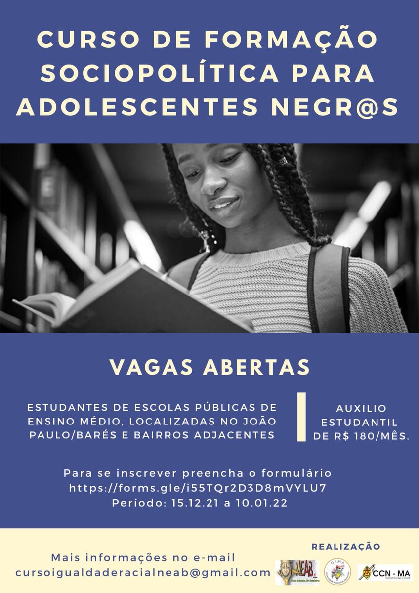 UFMAoficial's tweet photo. Estão abertas, no período de 15.12.21 a 10.01.22,  as inscrições para o Curso de Formação Sociopolítica. 

O Curso é destinado a adolescentes negros e negras, estudantes de ensino médio de escolas públicas localizadas nos bairros Barés, João Paulo e adjacentes, em São Luís-MA. https://t.co/oGI5X2N8ia