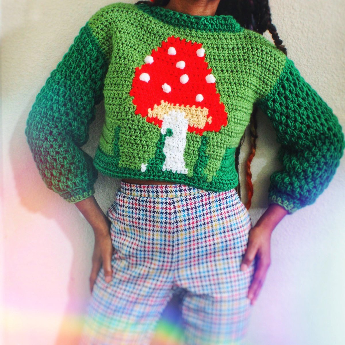 DreamCrochet's tweet photo. 🧶🍄new nature, mushroom inspired handmade crochet sweater 🌿🌈 https://t.co/JGtEact9kq