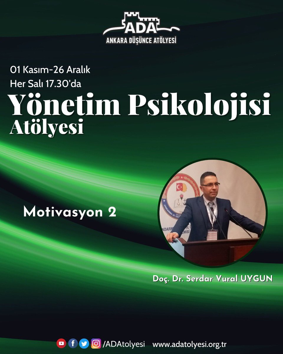 Doç. Dr. Serdar Vural Uygun, ADA Yönetim Psikolojisi Atölyesi'nde bugün "Motivasyon 2" başlıklı sunumunu gerçekleştirecektir.