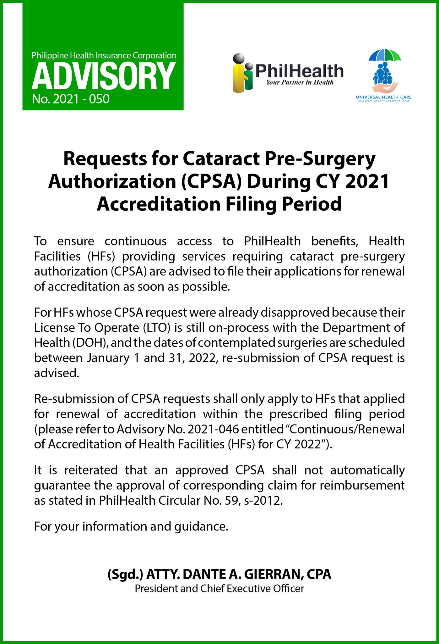 PhilHealth on Twitter "PhilHealth Advisory No. 2021050 Title