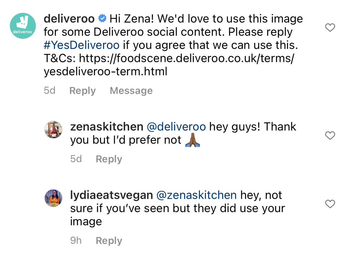 zenaskitchen's tweet photo. @Deliveroo - shocked that you’d use my content without permission. I politely declined and you posted my image anyway… without even crediting me! #deliveroo https://t.co/inAZepRXCg
