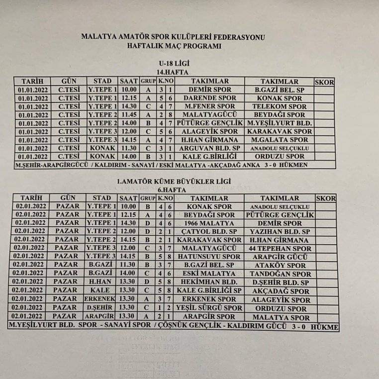 Malatya Amatör Spor Kulüpleri Federasyonu Haftalık Maç Programı