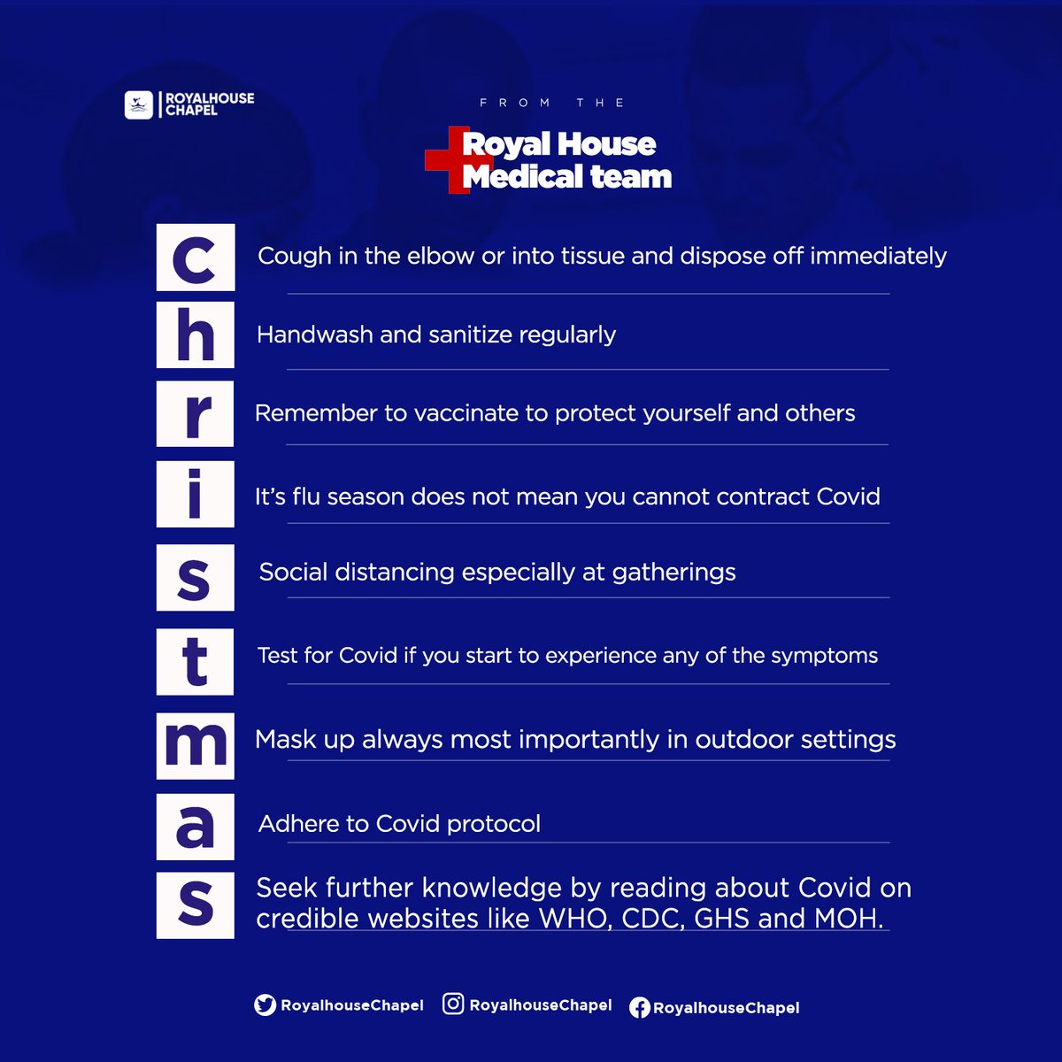 RoyalHseChapel's tweet photo. The country in recent times has seen a surge in covid-19 infections. 
The Royalhouse Chapel Medical Team has put together these tips to help you stay safe throughout the festive season. 

#StaySafe
#merrychristmas https://t.co/eEUTkMqUM5