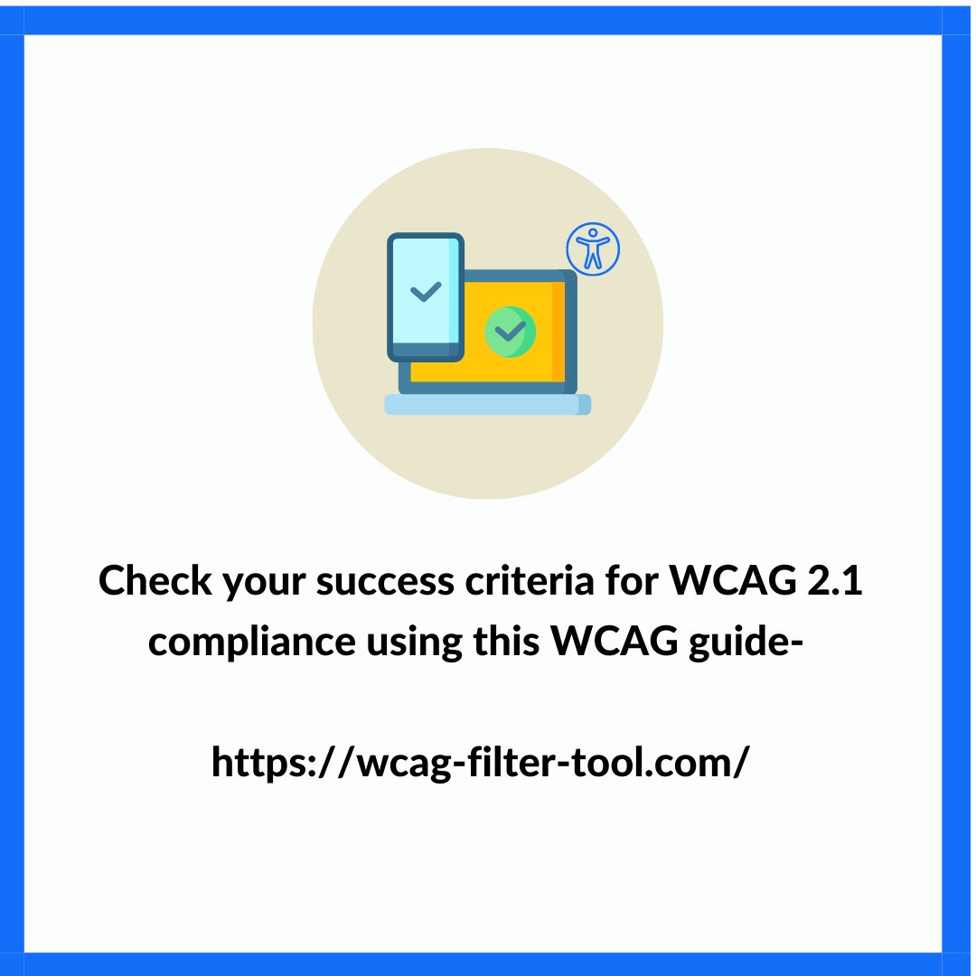 Prep_ce's tweet image. #WCAG stands for #WebContentAccessibilityGuidelines. It has become the prevailing standards for nearly all #WebAccessibility related laws across the world. 

Check your success criteria for WCAG 2.1 compliance using this WCAG tool - ow.ly/Mnju50Hc5Yj

#Accessibility #PREP