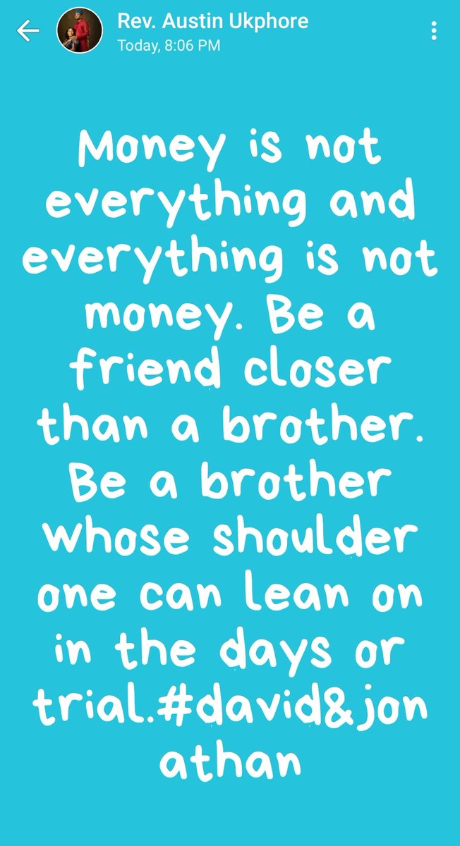 ItepuStefan's tweet photo. Money is not everything and everything is not money. Be a friend closer than a brother. Be a shoulder one can lean on in the days of trials #DavidJonathan
@revaustinukporh https://t.co/VCGKoJN9GG