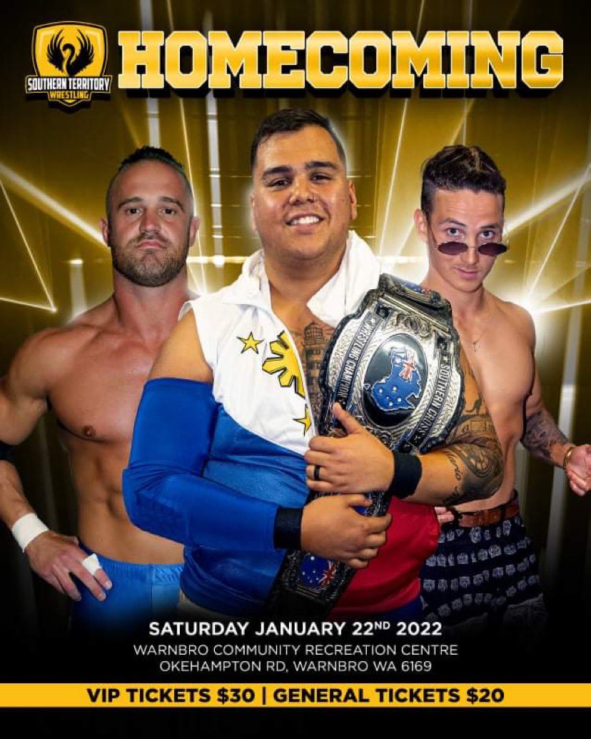 STWPerth's tweet photo. Southern Territory Wrestling presents -  HOMECOMING. 
SATURDAY JANUARY 22ND @ The Warnbro Community Rec Centre. 
Grab your tickets now!!! 
#perthwrestling #perthprowrestling #auswrestling #perth #stw #WrestlingTwitter 
https://t.co/iWENWga0oQ https://t.co/pfHd7h4leN