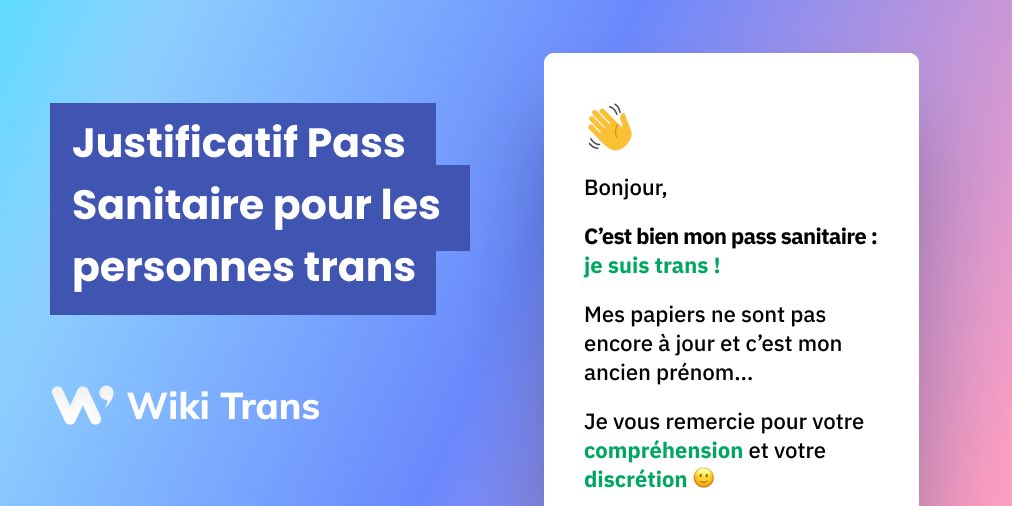 wiki_trans's tweet photo. Les contrôles d’identité vont se multiplier pour le Pass Sanitaire.

Si vous êtes trans, on met à disposition des petits justificatifs à montrer discrètement sur son téléphone en cas de contrôle. 💜

À télécharger ici ➡️ https://t.co/5WNZxShrGF https://t.co/8rc6GL3zhG