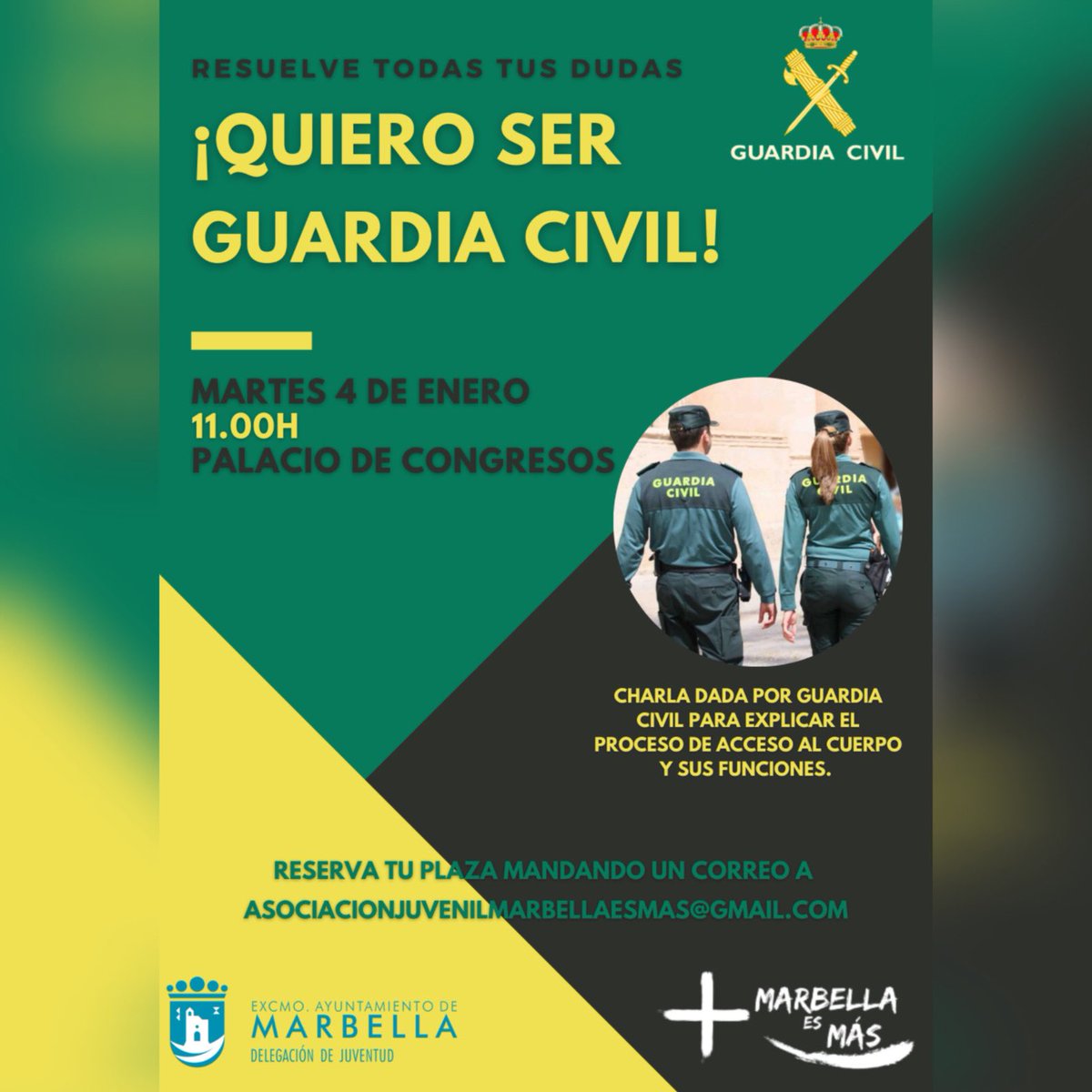 📢💚🇪🇸 Charla “Quiero ser Guardia Civil”

🚨Martes 4 de enero a las 11:00h en el Palacio de congresos 
asociacionjuvenilmarbellaesmas@gmail.com 

📩Manda el correo con tu nombre completo y número de teléfono, plazas muy limitadas. 
NO TE QUEDES SIN TU PLAZA!!!!