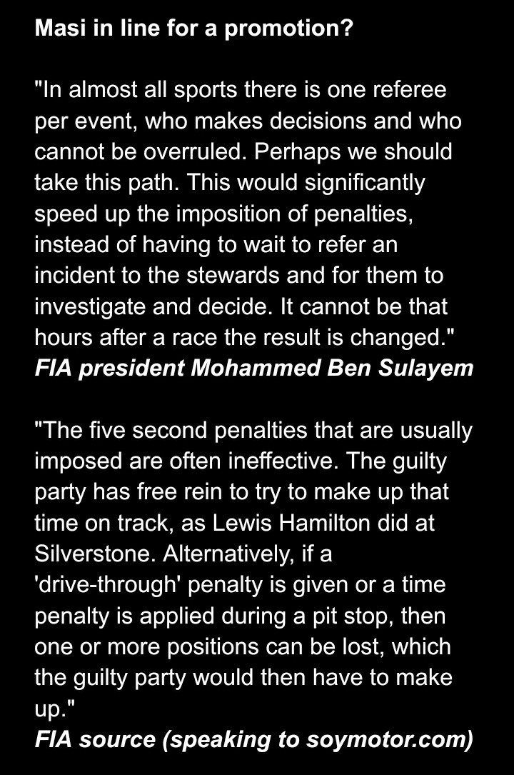 f1blag's tweet photo. The @fia wants to compensate for Hamilton fighting back from 5th (35 seconds off the lead) to win the #BritishGP by making Masi even LESS accountable.

Well, it sounds like they learned their lesson from all this 🤔🤦🏽‍♂️

Great reporting from @SoyMotor 

(https://t.co/rGNqwIyHgI) https://t.co/pkpeNP9kPc