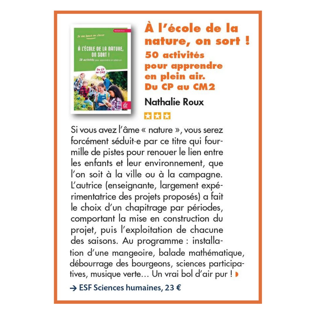 L'ouvrage de <a href="/nathroux48/">Nathalie Roux</a>, "À l'école de la nature, on sort !" présenté ce mois-ci dans la revue La Classe :
esf-scienceshumaines.fr/education/384-…