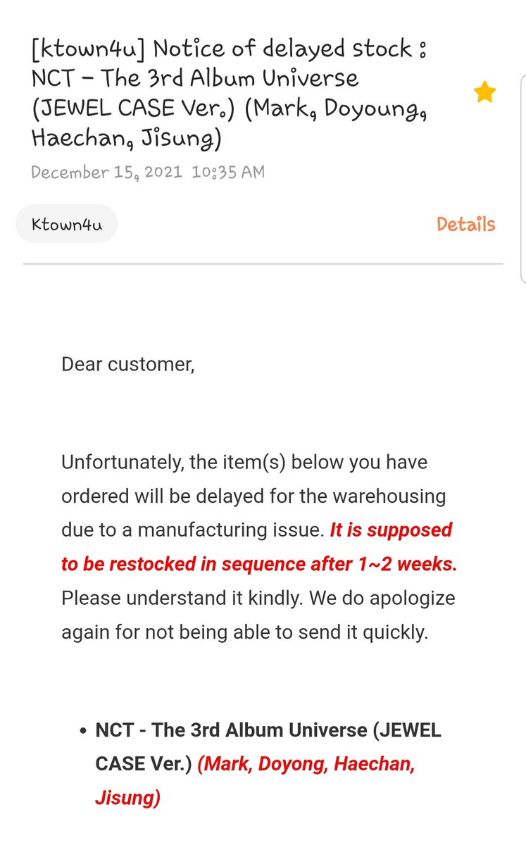 NCT_STOREPH's tweet photo. #NCTStoreNotice
Ktown4u sent an email about the delay of shipment of NCT 2021 Universe Jewel Case Version
This is for both FETA and NETA. https://t.co/HmxijOyZ9n