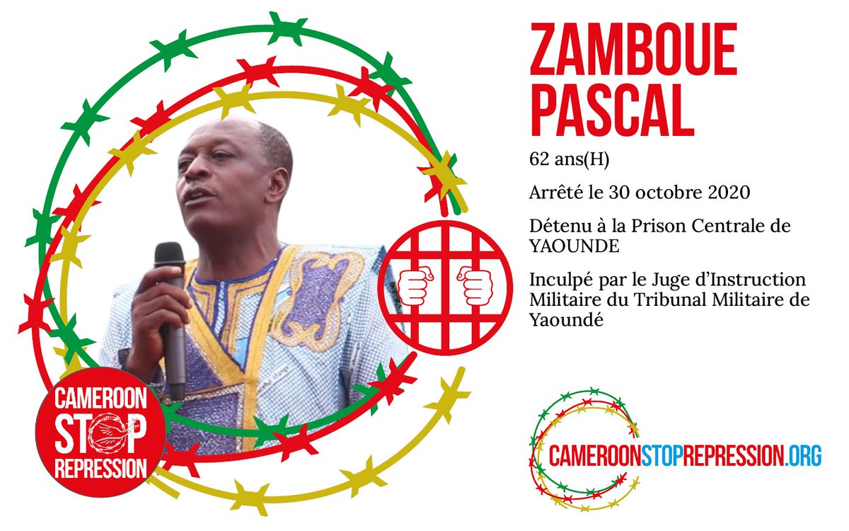 CstopRepression's tweet photo. L'opposant Pascal ZAMBOUE vient d'être condamné à 7 ans d'emprisonnement ferme. Pour rappel, il avait été enlevé dans un hotel de la ville de Douala, puis gardé au secret pendant plusieurs semaines avant d'être envoyé en prison.
https://t.co/qzHzxYx46Z
@mbachelet @EmmanuelMacron https://t.co/JRA2ULUri6
