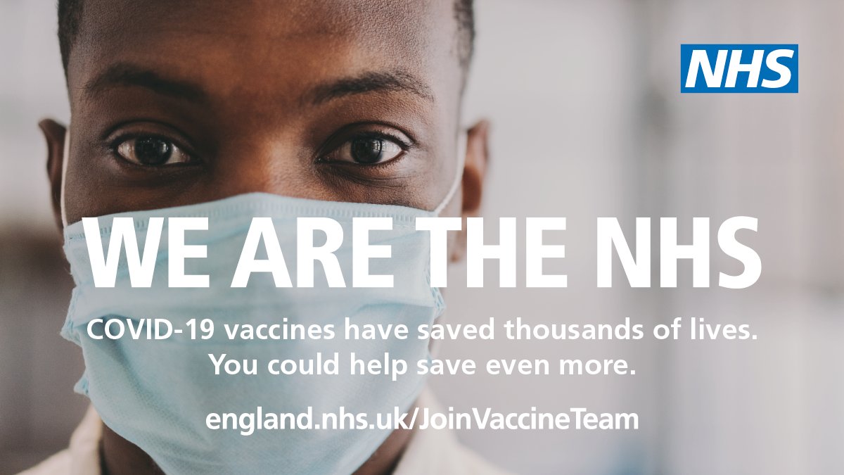 COVID-19 vaccines have saved thousands of lives. You could help save even more.

Find out how to get involved. england.nhs.uk/JoinVaccineTeam