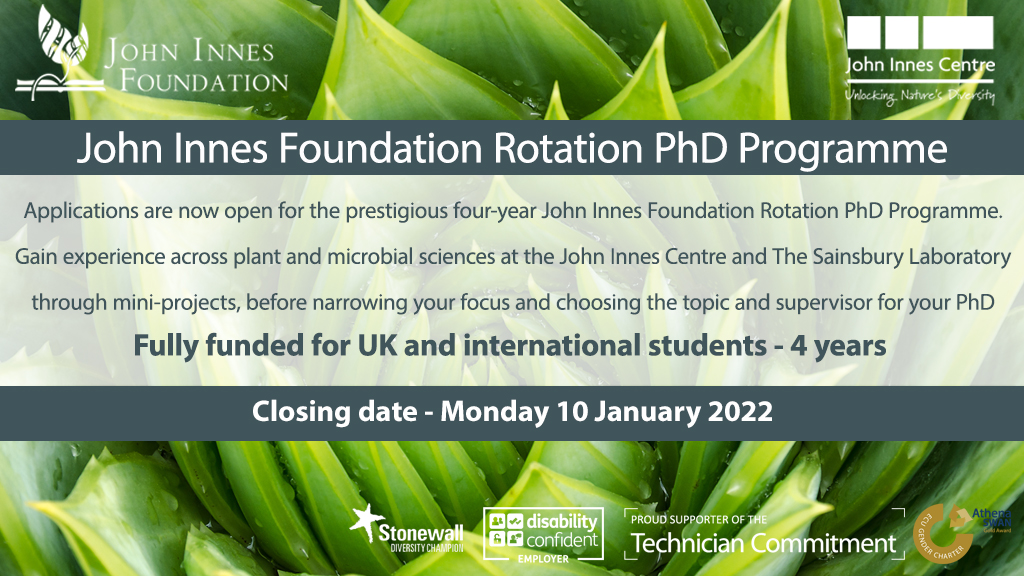 ROTATION PhD - Applications are now open for our 4-year Rotation PhD. Experience plant & microbial sciences here & at @TheSainsburyLab through mini-projects, then narrow your focus, choose your topic & supervisor 💷 - Fully funded 📅 - Mon 10 Jan 2022 okt.to/FilzmN