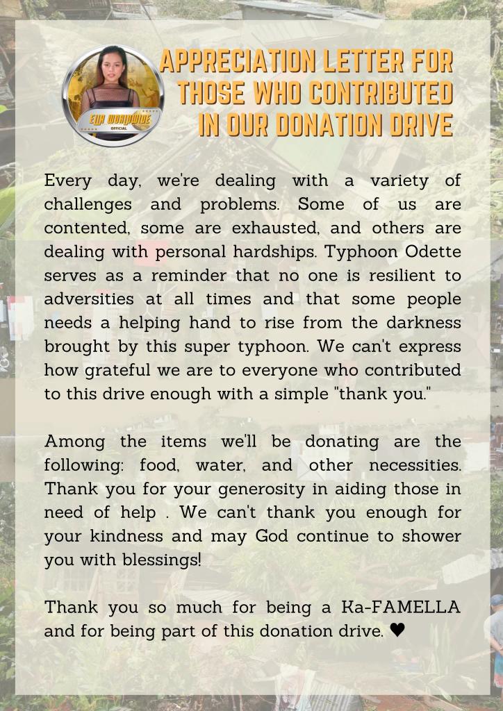 EllaWWOfficial's tweet photo. Ang TEAM ELLA DONATION DRIVE ay nakalikom ng halagang P77,915.00 sa loob ng 5 araw. 

Kami po ay taos pusong nagpapasalamat sa mga taong mabubusilak ang puso para matulungan ang mga nasalanta ng Bagyong #OdettePH. 

+ https://t.co/CDyCt6y606