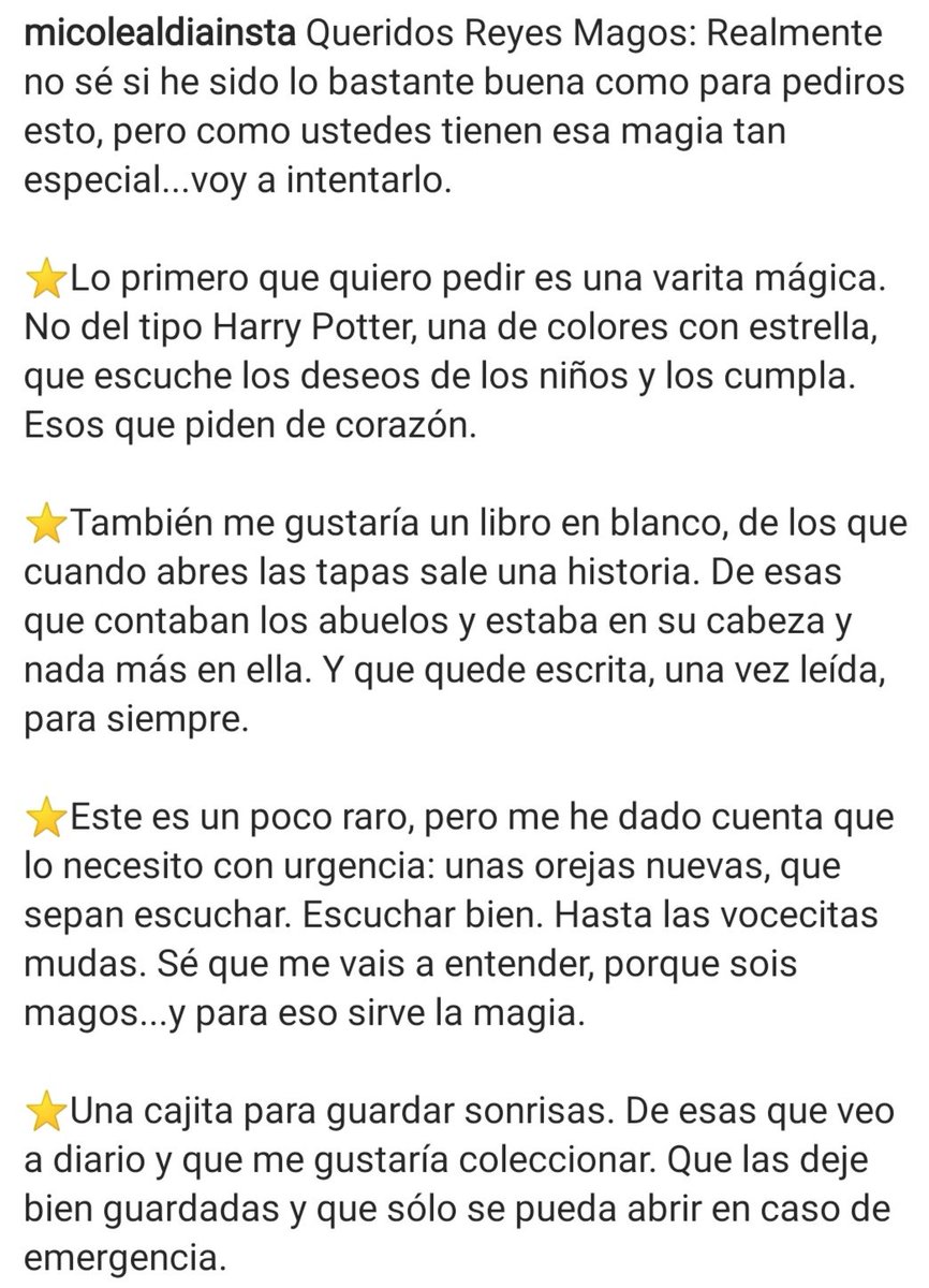 Micolealdia's tweet photo. Queridos Reyes Magos: Realmente no sé si he sido lo bastante buena como para pediros esto, pero como ustedes tienen esa magia tan especial...voy a intentarlo. https://t.co/zkjDjrm0DU