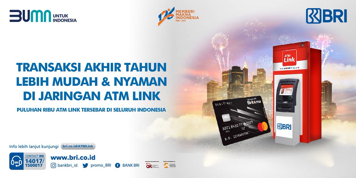 promo_BRI's tweet photo. Hi Sobat BRI,
Jangan sampai kamu melewatkan promo-promo menarik di akhir tahun, atau lupa melakukan pembayaran yang wajib dilakukan di akhir bulan!
.
Saat ini, sudah tersebar puluhan ribu ATM Link di seluruh Indonesia yang akan mempermudah transaksi kamu.
.
#BRI #ATMLink #Jalin https://t.co/pcF5iuUOnR