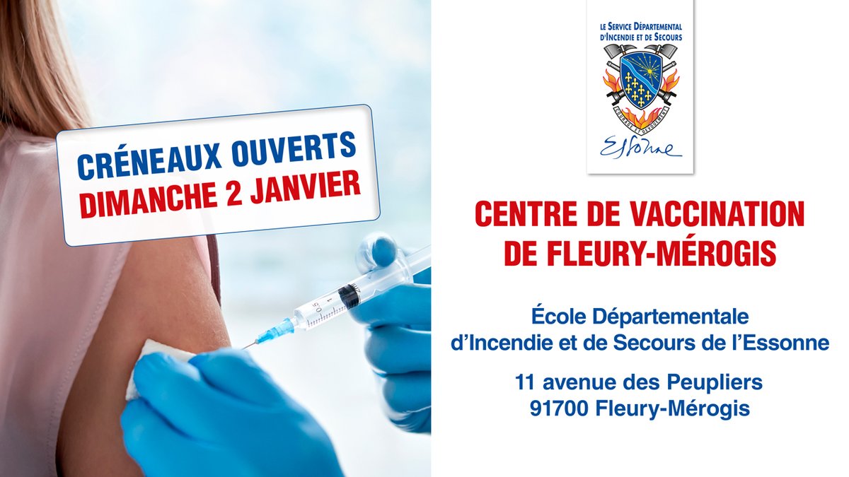 sdis91's tweet photo. Le centre de #vaccination des 🧑🚒 ouvre dès demain des créneaux pour dimanche 2 janvier !
📌Inscriptions : https://t.co/f6aoyAFIZ4
💉1ère, 2e , 3e dose : Pfizer - de 30 ans / Moderna 30 ans et +
Déposez 1 🎁 emballé sous 1 🎄 de noël pour les 🧒de l’Aide sociale à l’enfance. https://t.co/nHVzCdKSQ1