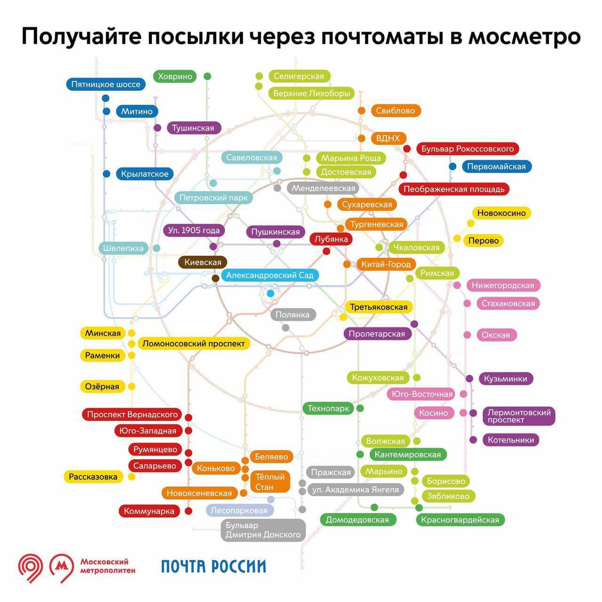 📬Уже 69 почтоматов установили в <a href="/MoscowMetro/">Московское метро 🚇</a> вместе с <a href="/ruspostofficial/">Почта России</a>. Получить посылку из интернет-магазина можно быстро и бесконтактно по пути на работу, учёбу или встречу.

Где их можно найти:
