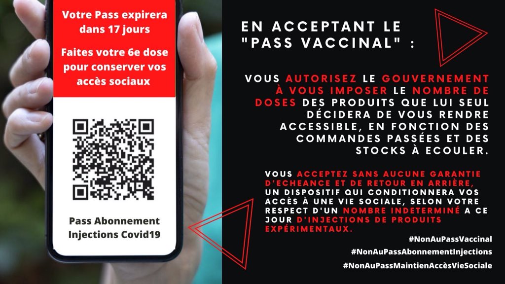 ConfineMasque's tweet image. Avec le #PassVaccinal, le gouvernement assume le fait d'#obliger les français à s'#injecter tous les 2 à 3 mois des produits expérimentaux à l'efficacité limitée &amp;amp; qui chute rapidement dans le temps, qui n'empêchent pas la transmission, de tomber malade, de décéder de la #covid19