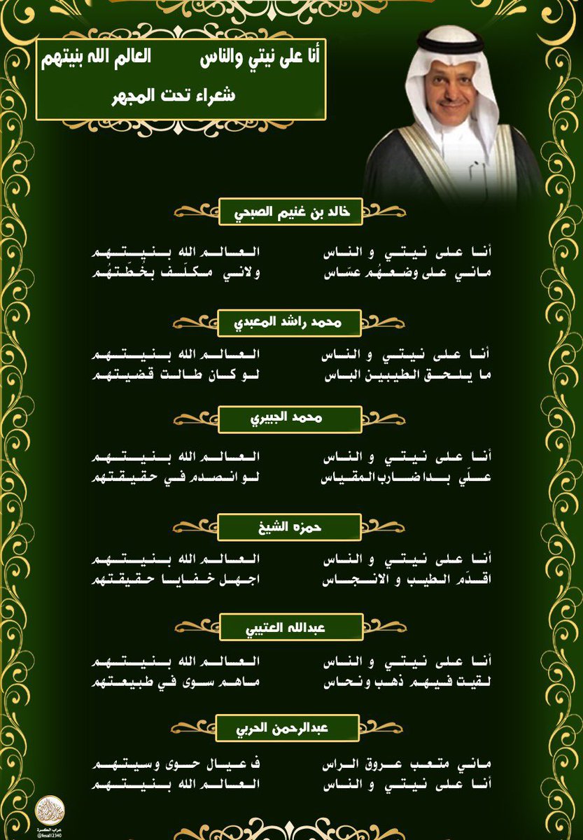 <a href="/7e05ad313d064e4/">المعبدي محمدالحربي</a> تقديراً لشعراء الكسرة وتقديراً لحسابات 
خدمتها إليكم المسابقة الثانية 
المطلوب غلاق (بيت ثاني) والفائزون ثلاثة 
الأول :٢٥٠ الثاني :١٥٠ الثالث :١٠٠
وقد تذهب الجائزة لحساب خدم الكسرة كثيراً
وذلك بموافقة الفائزين.المدة شهر 

أنا على نيتي والناس🌹العالم الله بنيتهم
شعراء تحت المجهر