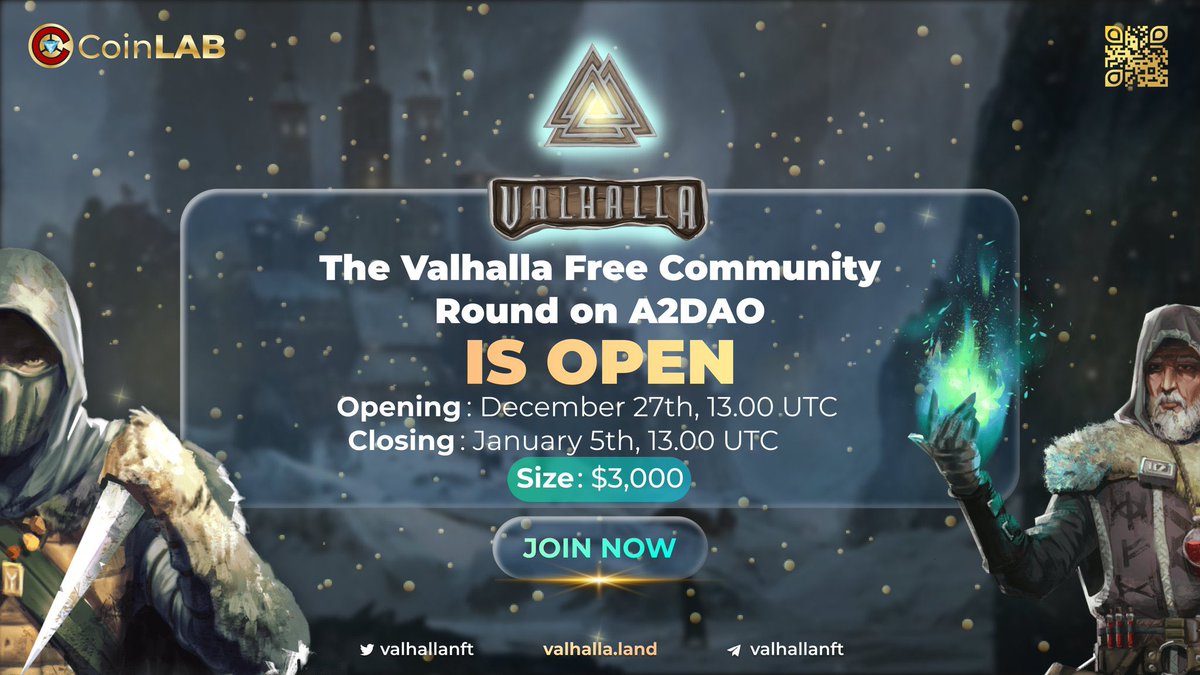 📢 the time has come 🎉
🎁 The #Valhalla Free Community Round on #A2DAO is now open! 
🔥 Opening: December 27th, 13.00 UTC
🔥 Closing: January 5th, 13.00 UTC
Size: $3000 
👉🏻 Join now or forevermore think back and say to yourself why did I not 🤔 gleam.io/OK7yG/valhalla…
#CoinLAB