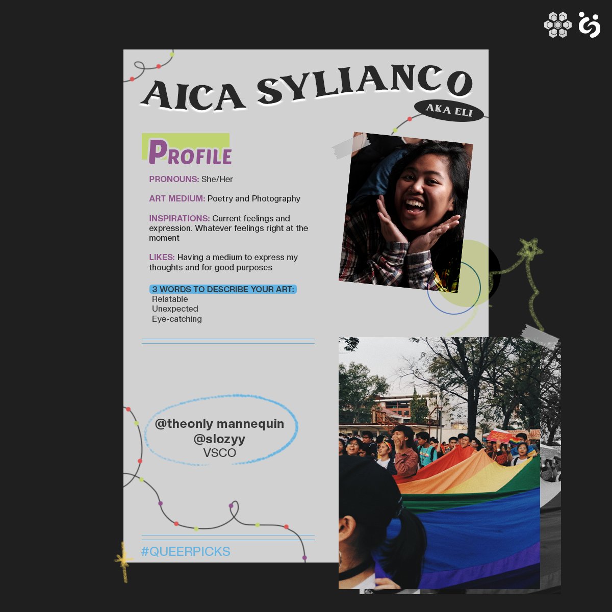 csbbenildehive's tweet photo. 🔔Hear ye! Welcome to #QUEERPICKS, your monthly dose of queer content served with season’s greetings from Filipino Artists. 🎅🏼🌈
Meet our 2nd #QUEERPICK: Aica Sylianco, a poet, a photographer, and a catalyst for change.
See more here: https://t.co/QVbfW7mT0j #QPArtistOfTheMonth https://t.co/CcWXGQlyLV