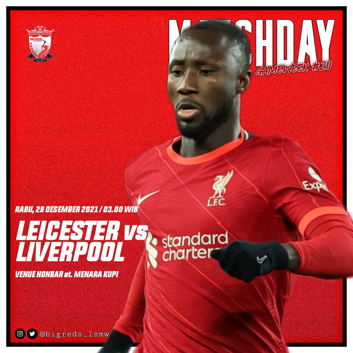 BIGREDS_LSMW's tweet photo. MATCHDAY 🔴🔴
Nonbar @BIGREDS_IOLSC Reg Lhokseumawe
Premier League Gameweek 20
@LCFC vs @LFC
Rabu, 29 Desember 2021
Kick Off : 03.00 WIB
Venue : Menara kupi
..
#YNWA
#GHJS
#bigredsiolc https://t.co/NGzqq3xoNQ