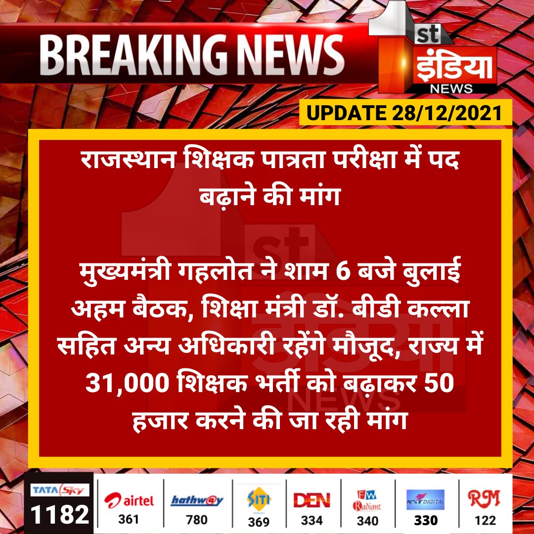 1stIndiaNews's tweet photo. राजस्थान शिक्षक पात्रता परीक्षा में पद बढ़ाने की मांग

मुख्यमंत्री गहलोत ने शाम 6 बजे बुलाई अहम बैठक, शिक्षा मंत्री डॉ. बीडी कल्ला सहित अन्य अधिकारी रहेंगे मौजूद...
#RajasthanNews @ashokgehlot51 @DrBDKallaINC @RajGovOfficial @RajCMO @naresh_jsharma https://t.co/uBl6zsozH8
