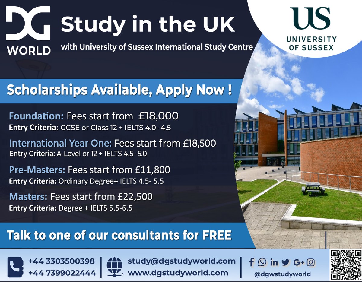 DGWWorld's tweet photo. The University of Sussex was founded in 1961 and is located in Brighton on the south coast of England. There are currently around 18,000 students enrolled.
#studyinUK #abroadeducation #dgstudyworld #topagencyinuk #january2022 #studyabroad2022 #study #studyuk #educationconsultant https://t.co/TKpU4SG3QT