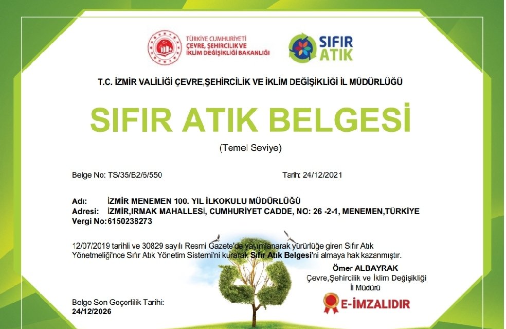 100Menemen's tweet photo. "Sıfır Atık Projesi" kapsamında okulumuz Temel Seviye Sıfır Atık Belgesi almıştır. #sıfıratık @tcmeb @izmir_ilmem @MucahitYentur @MenemenMEM @muharembayindir https://t.co/fk57gcsxx9
